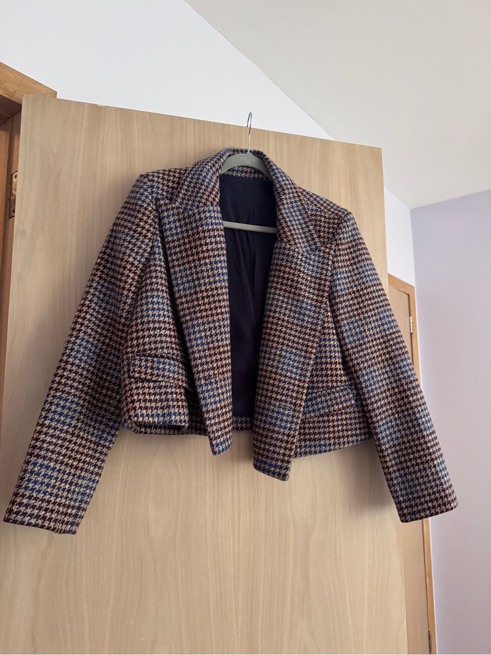 Cropped Houndstooth Wool-Blend Jacket - Brown & Blue